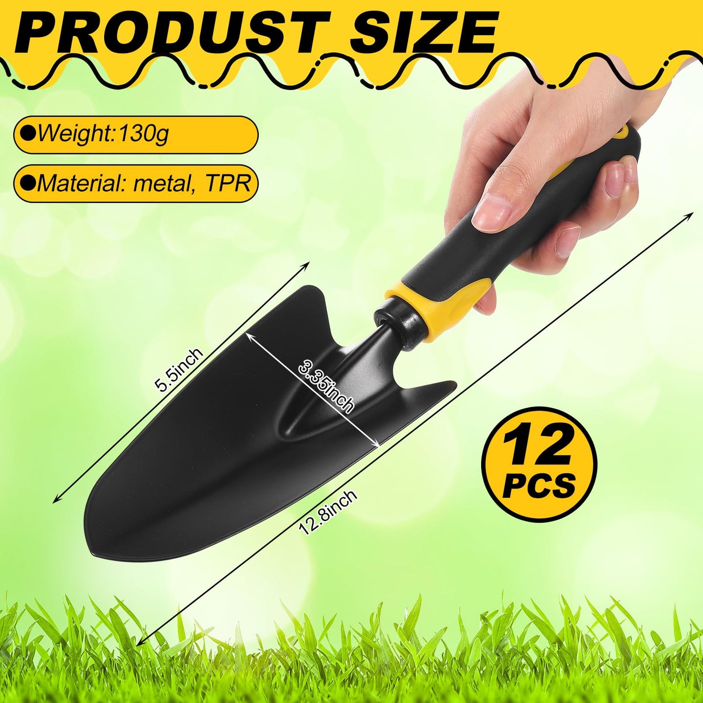 Yaocom 12 Pcs Garden Shovel Aluminum Alloy Heavy Duty Trowel Small Digging Shovels Metal Hand Trowel Spade with Soft Handle for Garden Lawn Yard Planting Tool (Large Shovel,Yellow)