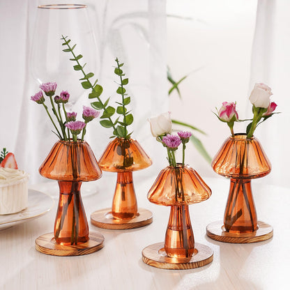 NiHome Mushroom Glass Planter with Wooden Base Set of 4, Cute Indoor Greenery Plant Propagation Stations,High Borosilicate Glass Mushroom Gifts Vases for Flowers,Hydroponics & Home Decor (Brown)
