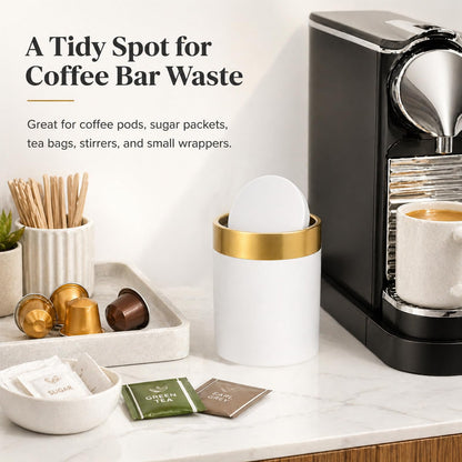 JILLICK Mini Trash Can with Lid, 1.5L / 0.4 Gal Small Metal Countertop Trash Bin with Swing Lid for Desk, Coffee Bar, Vanity, Bathroom, Office, White