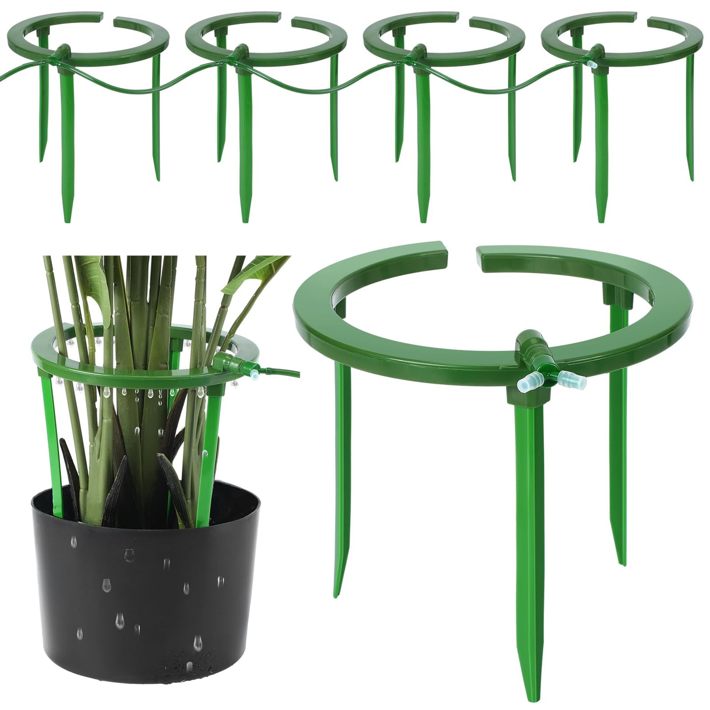 Tujoe 4 Sets Water Ring 3 Leg Support Drip Emitter Drip Ring with 1/8 Inch Barbed Inlet Fitting Removable Stakes for Grow Media Irrigation System Rain Watering Tree Plants, Green (12 Inch)