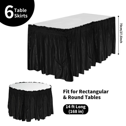 Axigundaone 6 Pcs Plastic Black Table Skirts for Rectangle Tables, Disposable Table Skirts with Adhesive Strip, 28 Inch x 14 Ft Rectangular Table Skirts for Party, Wedding,Banquet