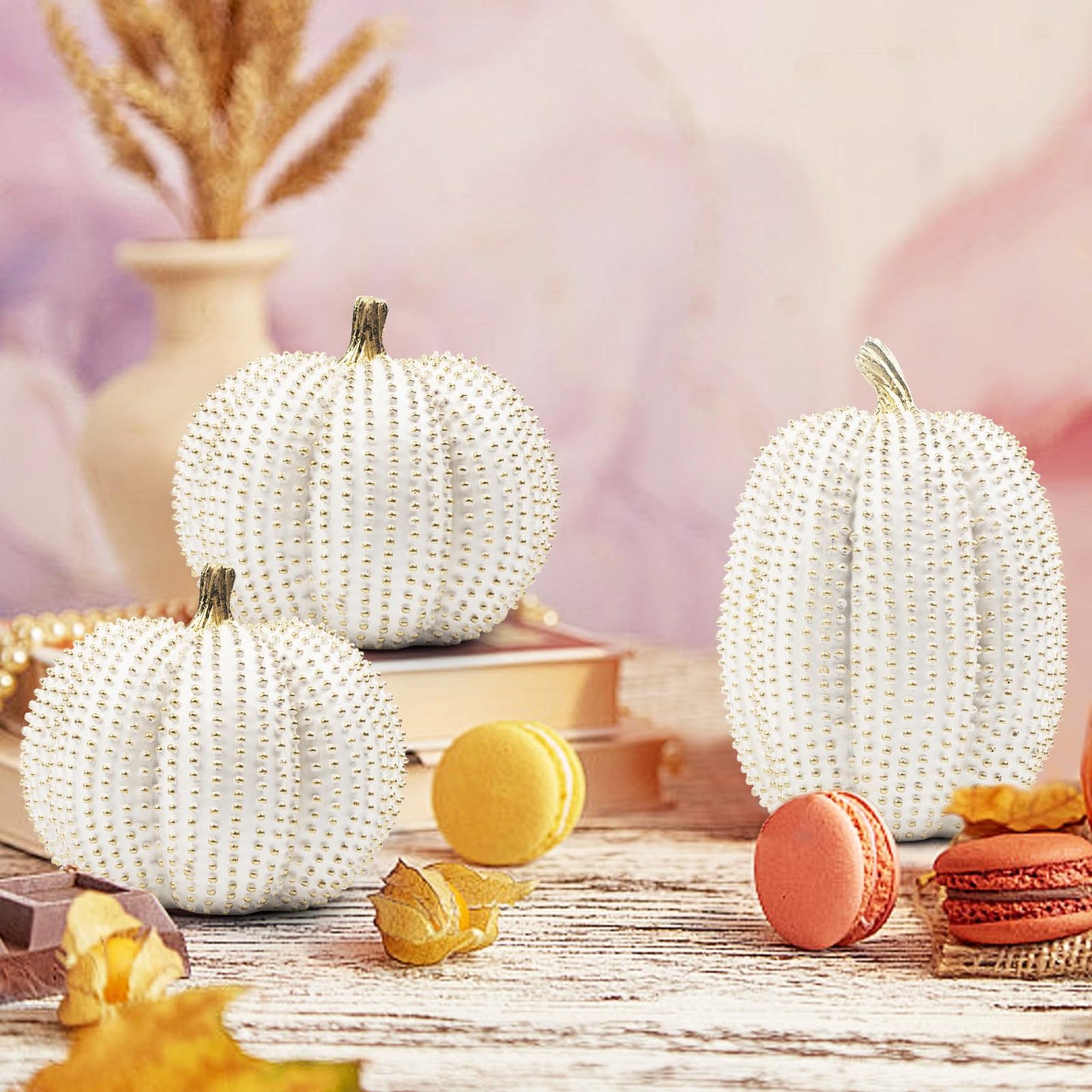 TaoQ C 3 PCS Large Thanksgiving Resin Pumpkin, Fall Pumpkin Figurines White and Gold Glitter Resin Pumpkin for Home Kitchen Halloween Thanksgiving Fall Harvest Decoration