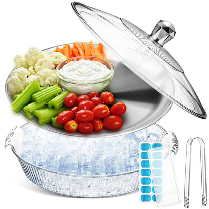 Baderke 1 Set 10" Chilled Serving Tray for Parties with Compartments and Lid Ice Chilled Platter Charcuterie Serving Board for Fruit Seafood Vegetable Appetizer Shrimp Cocktail (Silver)