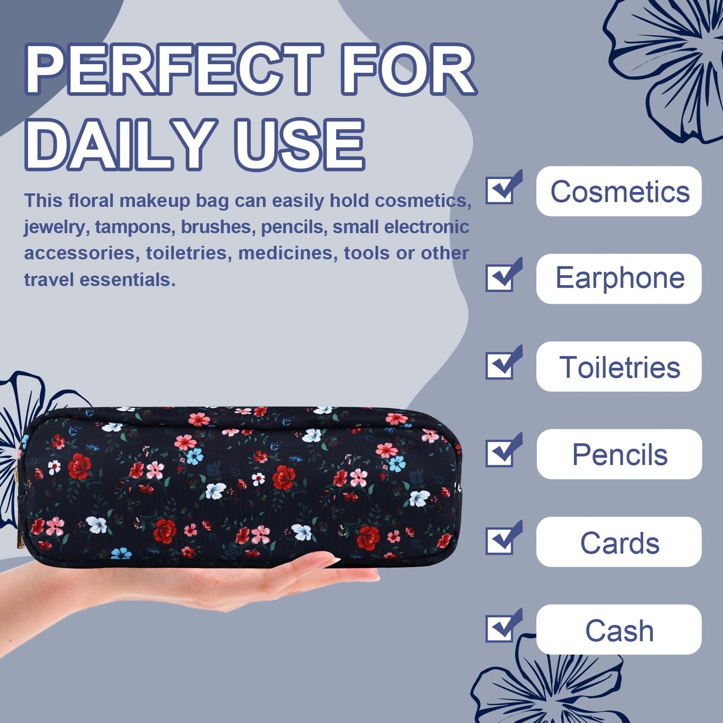 UIXIZQ Waterproof Small Floral Pencil Case Makeup Bag for Purse,Cute Flower Pencil Pouch Preppy Nylon Makeup Brush Holder with Zipper,Girls Portable Storage Case Pen Bag for Work(Slim Black-Flowers)