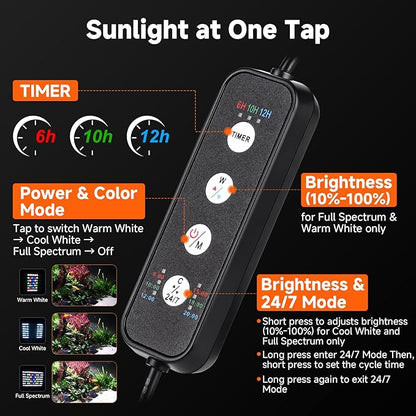 fishkeeper Clip On Aquarium Light, 24/7 Fish Tank Light with Timer, DIY 3 Colors & 10 Brightness Full Spectrum Aquarium LED Lights with Adjustable Metal Clamp for Freshwater Plants Fish Tanks (100W)