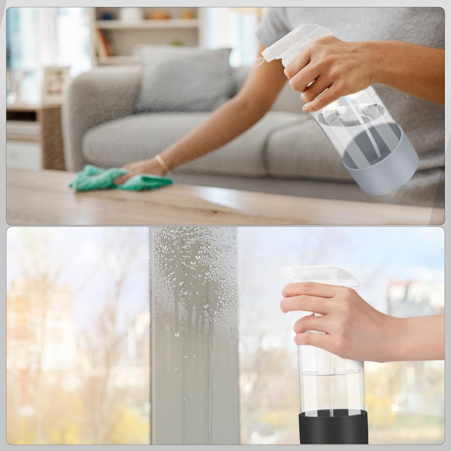 Worldgsb 2 Pack Glass Spray Bottles with Silicone Sleeve, 16 oz Empty Refillable Containers with Adjustable Spray Nozzles, Spray Bottles for Hair, Cleaning Solutions and Plants Black&Grey
