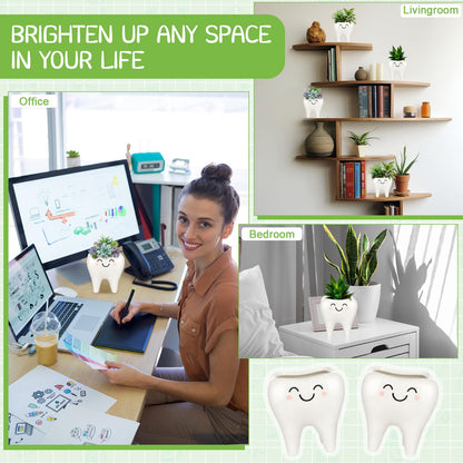 FoldTier Dental Hygienist Gifts Cute Tooth Shaped Planters Ceramic Succulent Cactus Flower Pot Funny Mini Office Pen Holder for Dental Assistant Graduation Accessories Dentist Office Decor(4 Pcs)