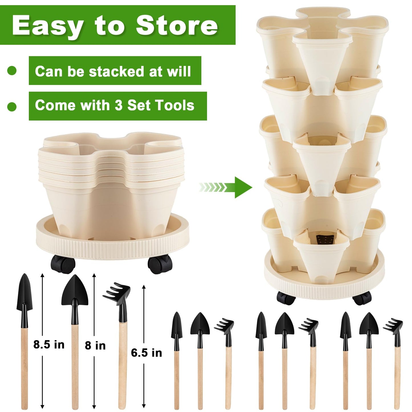 Nitial 3 Set 5 Tier Vertical Garden Planter Stackable Planters with Tray and Planting Tools Accessories for Indoor Outdoor Strawberries Herbs Peppers Flowers and Succulents