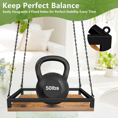 Plant Hanger Indoor, 11.8" Wooden Hanging Plant Holder with Metal Frame Hanging Planter for Indoor Plants Load 50LB Hanging Plant Shelf with 27.6" Long Chain, Ideal for Heavier Pots Window Ceiling
