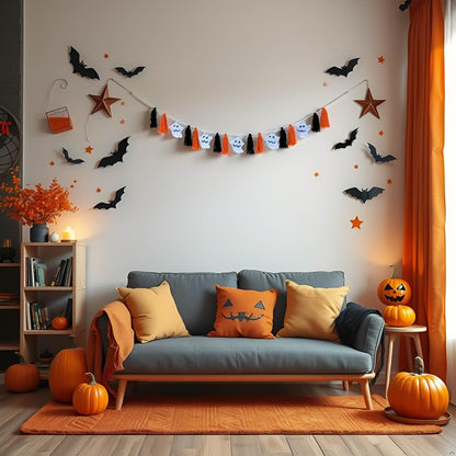 DELAQIKO Halloween Ghost Garland with Tassels | Cute Ghost Ornaments for Tree, Wall, Mantel or Table | Handmade Felt Garland | Fun Halloween Decor with a Spooky Vibe (Orange Halloween)