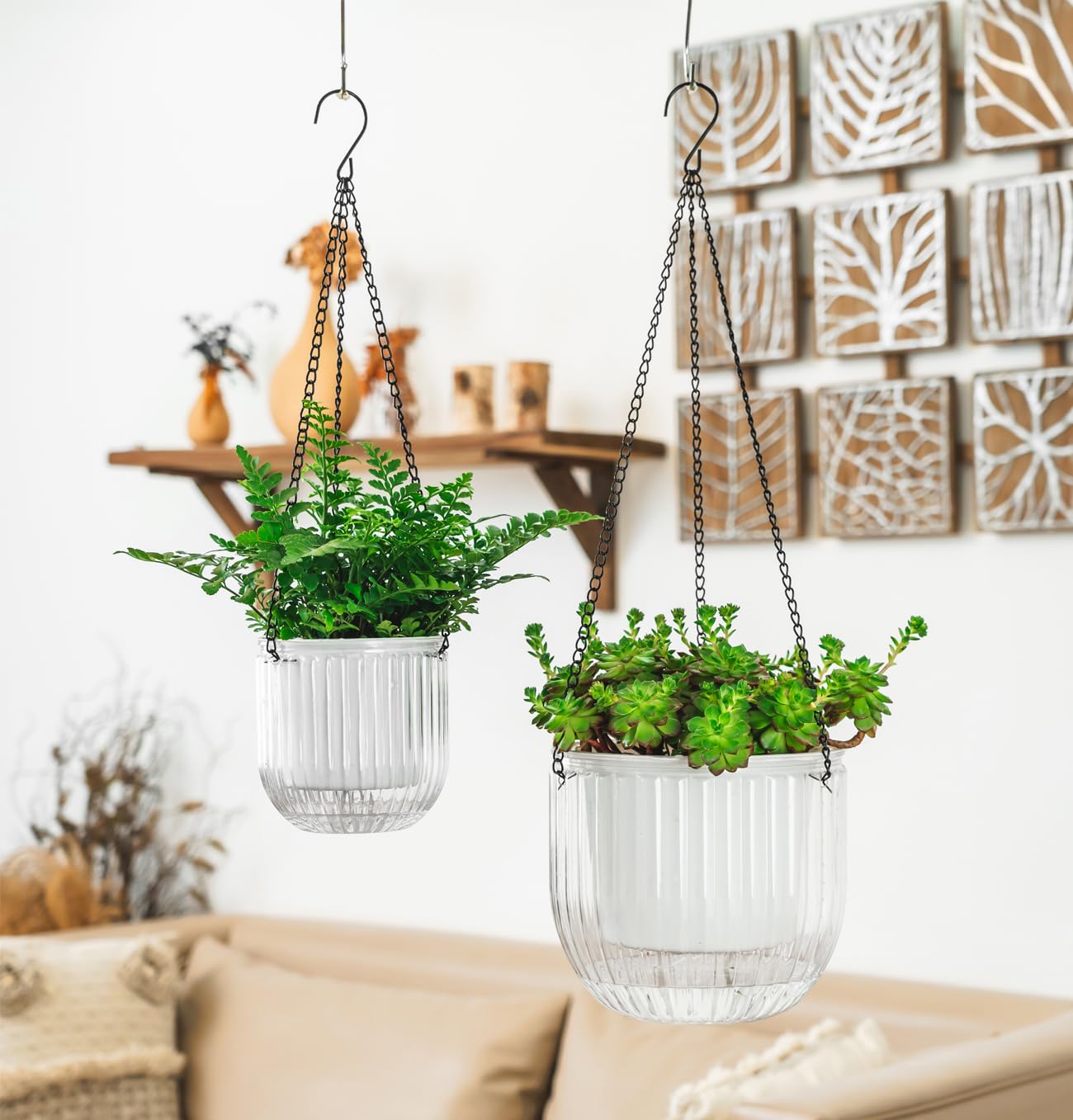 Melphoe 2 Pack Self Watering Hanging Planters Indoor Flower Pots, 5.3/8.3 Inch Outdoor Hanging Basket, Plant Hanger with 3Hooks Drainage Holes for Garden Home (White)