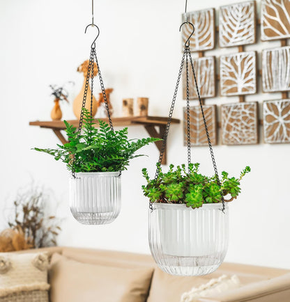 Melphoe 2 Pack Self Watering Hanging Planters Indoor Flower Pots, 5.3/8.3 Inch Outdoor Hanging Basket, Plant Hanger with 3Hooks Drainage Holes for Garden Home (White)