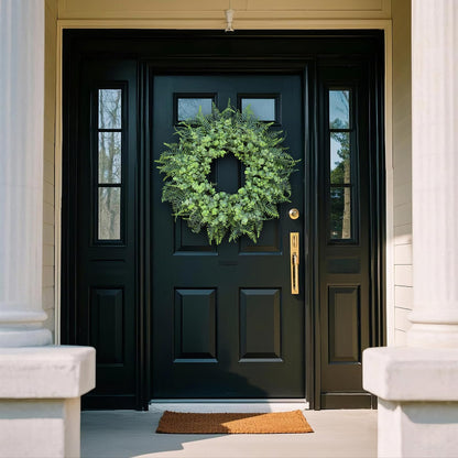 26'' Eucalyptus and Boston Ferns Wreath for Front Door - Large Artificial Greenery Outdoor Wreath for Porch,Window,Farmhouse,Home,Hanging Decor- Spring, Summer, All Seasons (Gray-Green)