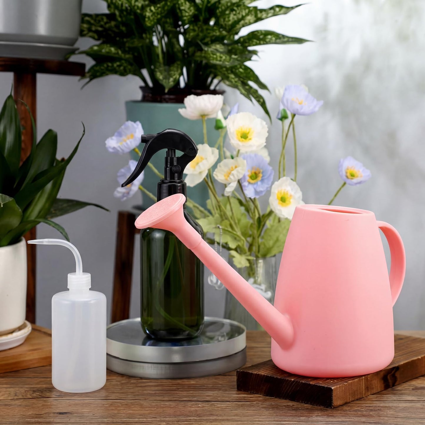 Reallnaive 6 Pcs Indoor Watering Can Set 1/2 Gallon Can 6.8 oz Spray Bottle 17 oz Squeeze Bottle Plant Watering Globes Soil Moisture Meter Small Spraying Set for Indoor Outdoor Plants(Pink)