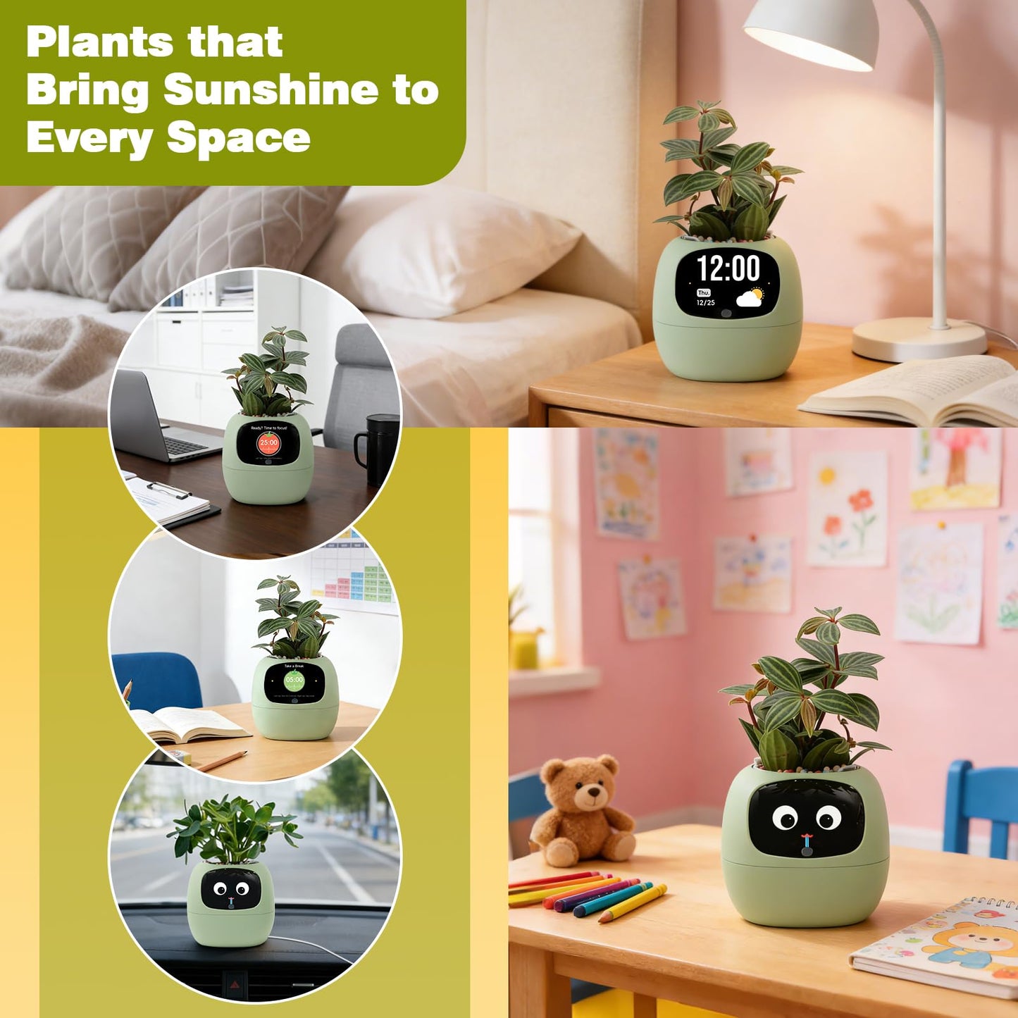 Smart Plant Pot with Visual Display – Soil Moisture, Water Level, Light & Battery Monitor, 80ml Self-Watering Reservoir, Supports 100+ Plants, Pomodoro Timer, Clock & Calendar-Green