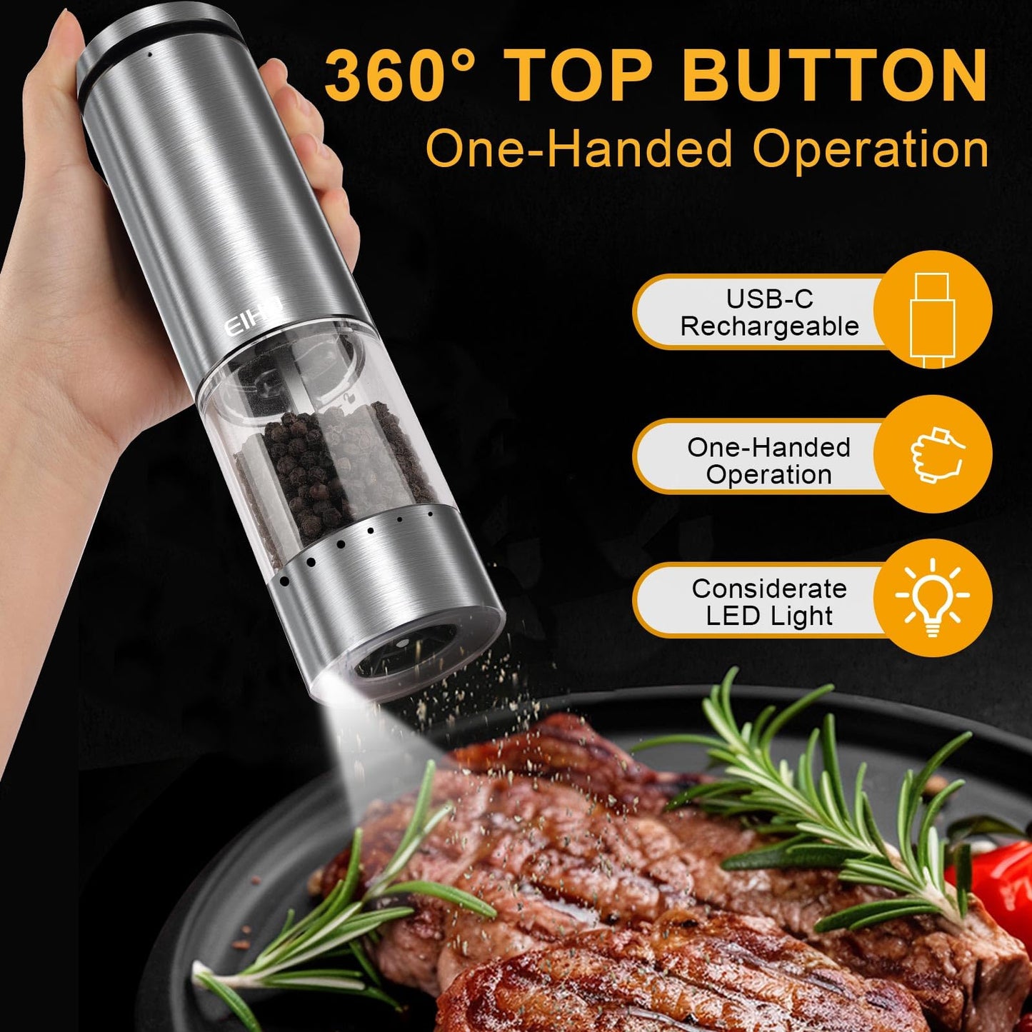 EIHO Electric Salt and Pepper Grinder Set USB Rechargeable, Upgraded External Adjustable Coarseness, Stainless Steel Automatic Salt and Pepper Shakers Mills with LED Light, House Warming Cooking Gifts