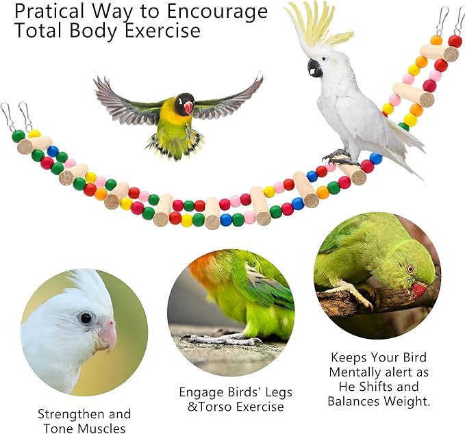 15-Step Bird Ladder Bridge,28.74 x 3.15 inch Raw Wood and Edible Dye,Pet Hamster Climbing Ladder Swing Toys Suitable for Small to Medium Birds,Bird Cage Accessories (15 Ladders)