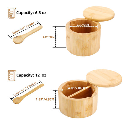 RAETTER.LY Natural bamboo Salt and Pepper Bowl, Bamboo Salt Cellar and Spices Storage Box With Built-in Spoon and Magnetic Swivel Lid (Two Compartments)