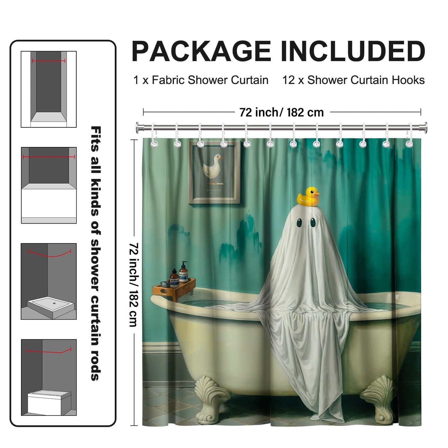 Koveni Funny Ghost Shower Curtain 72x72 Inch with Hooks, Cute White Ghost Bathroom Decor with Cute Duck, Spooky Waterproof Polyester Fabric for Halloween Decorations, Gifts for Kids