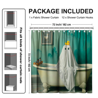 Koveni Funny Ghost Shower Curtain 72x72 Inch with Hooks, Cute White Ghost Bathroom Decor with Cute Duck, Spooky Waterproof Polyester Fabric for Halloween Decorations, Gifts for Kids