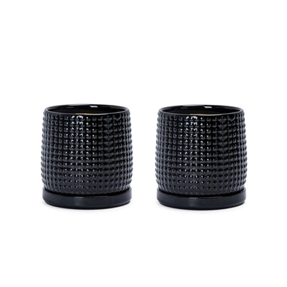 D'vine Dev Set of 2 Ceramic Plants Pots, 4 Inch Beaded Stoneware Flower Pot for Plants with Drainage Hole and Saucer, Glossy Black, 27-E-Z-2