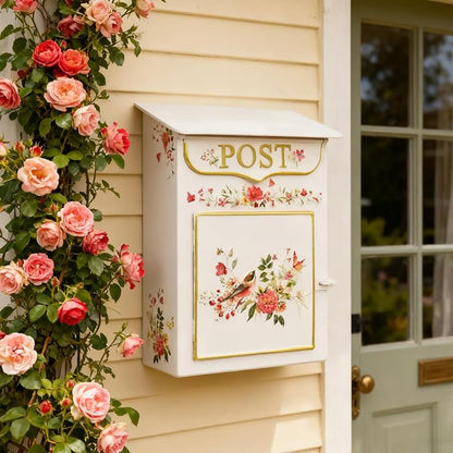Mailbox Wall Mount Mailboxes for Outside Vintage Mail Boxes for House Outside Metal Drop Box Antique Style Nostalgic Charm Home Decorative, Flower Pattern Pink