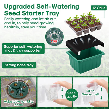 BlumWay Self-Watering Seed Starter Tray Kit with Grow Light and Humidity Dome,3 Color Growing Light,5-Pack 60-Cell Plant Seedling Tray,Reusable Plastic Germination Trays,Timed Light Plant Starter Set