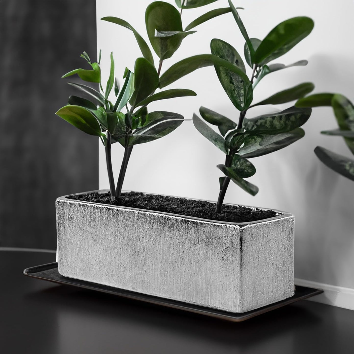 WGVI Long Rectangle Ceramic Planter Vase in Silver Etched 12" x 4" x 4"H, Block Rectangular Terrarium Box Pot, Flower Arrangement, Table top Centerpiece, Home Decor Storage Container, 1 Pc.