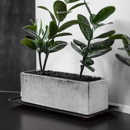WGVI Long Rectangle Ceramic Planter Vase in Silver Etched 12" x 4" x 4"H, Block Rectangular Terrarium Box Pot, Flower Arrangement, Table top Centerpiece, Home Decor Storage Container, 1 Pc.