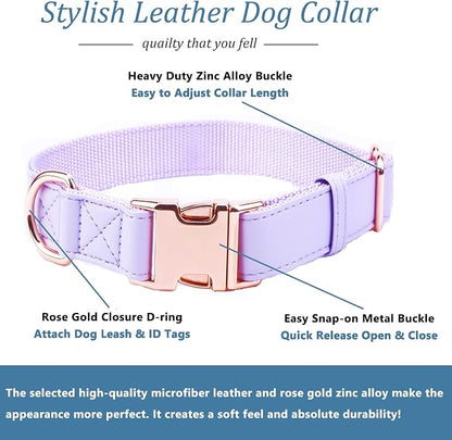Dog Collar and Leash Set.Soft and Easy to Clean Vegan Leather with Rose Gold Metal Buckle for Small Medium Large Dogs (Light Purple, L(15.4”-24.8“)
