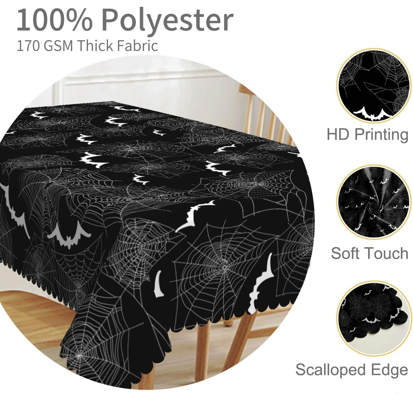 TTQYFNM 70x108inches Halloween Tablecloth Black White Spider Webs Bats Decorative Rectangle Table Cloths Spillproof Washable Polyester Fabric Table Cover for Kitchen Halloween Dinner Party Supplies