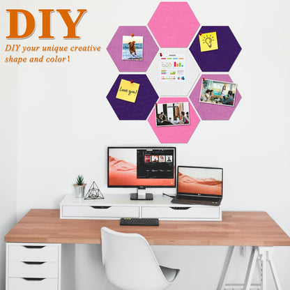 HULAVO Large Hexagon Felt Cork Board Tiles, Self Adhesive DIY Felt Bulletin Board Pin Board with 35 Pushpins for Office School Home Wall Decor(Purple+Light Purple+Pink)