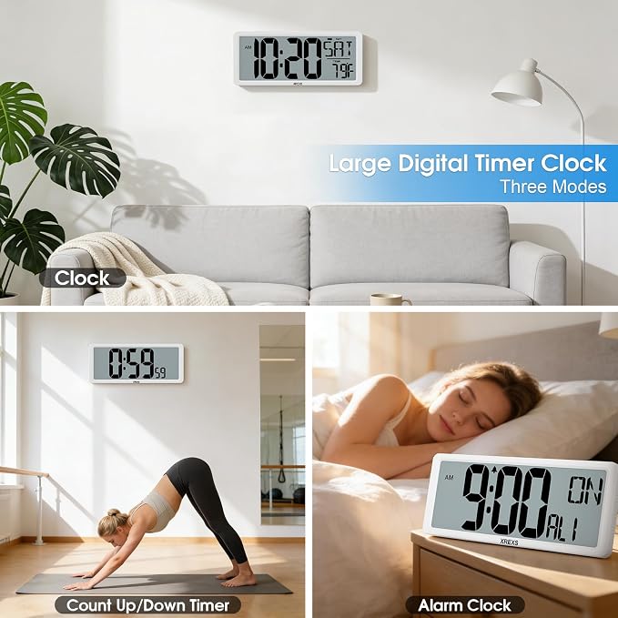 XREXS Large Digital Wall Clock, Electronic Alarm Clocks for Bedroom, Count Up & Down Timer, Battery Operated 14.17 Inch Large LCD Screen with Time/Date/Temperature Display