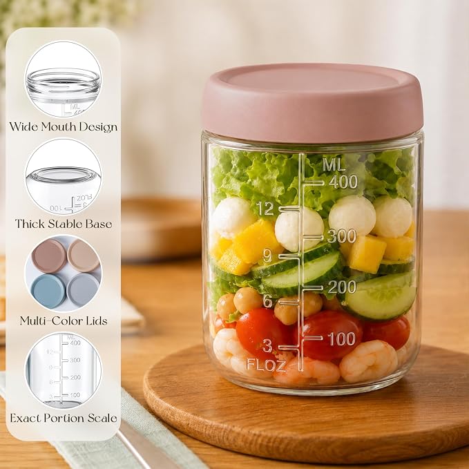 KEMORELA 4-Pack 16oz Overnight Oats Containers with Lids, Wide Mouth Glass Mason Jars with Airtight Lids, Reusable Glass Food Storage Containers for Yogurt, Chia Pudding, Salad, and Pickles