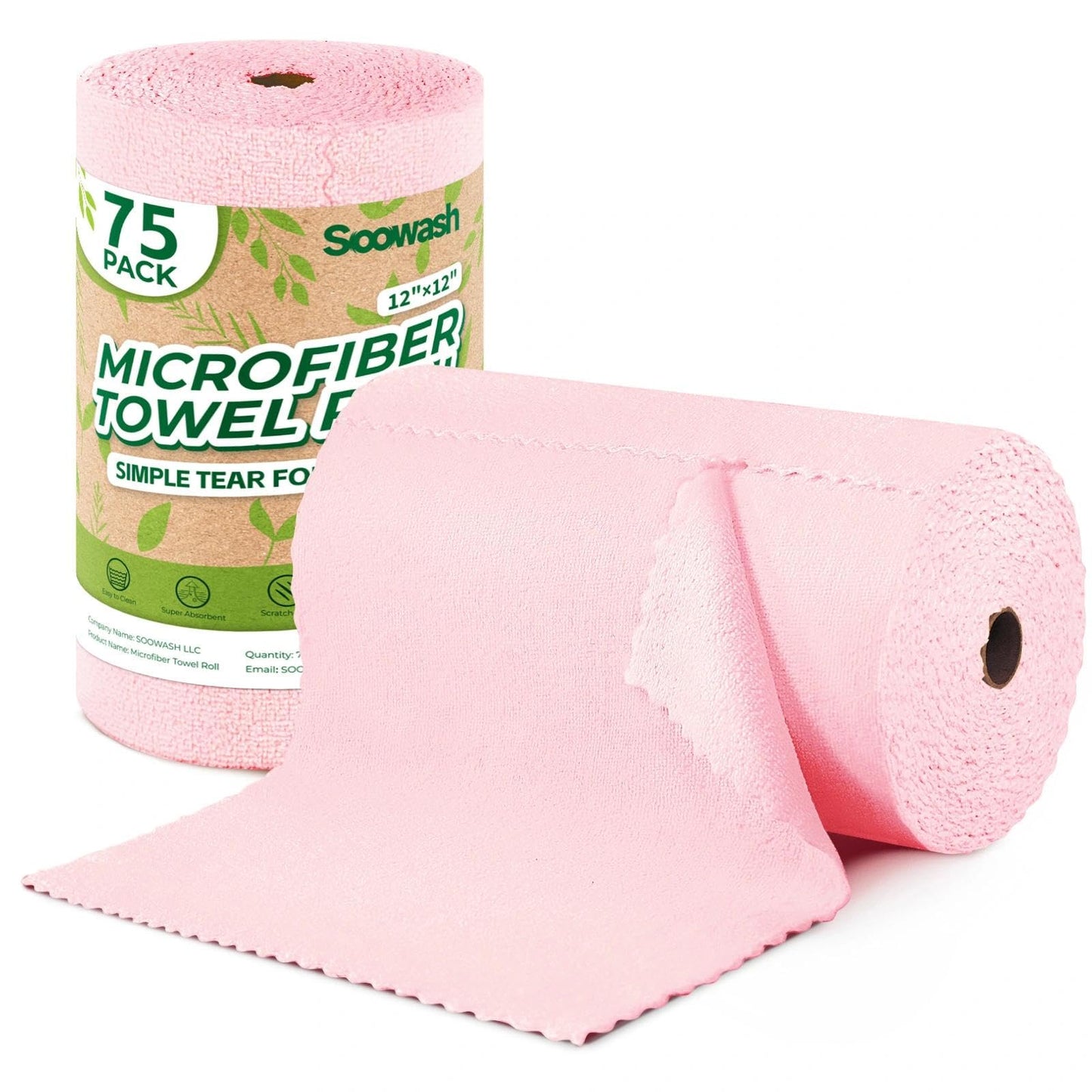 SOOWASH Microfiber Cleaning Cloths Roll, 75 Pack Tear Away Microfiber Towels Roll, 12" x 12" Lint Free Rags, Reusable Cleaning Cloths, Washable, Scratch Free,Ultra Absorbent Dish Rags(Pink)