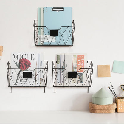 Hanging Wall File Holder Wall Mount Metal Wall File Organizer 3 Pockets Mail Organizer with Hooks for Office Home,Black