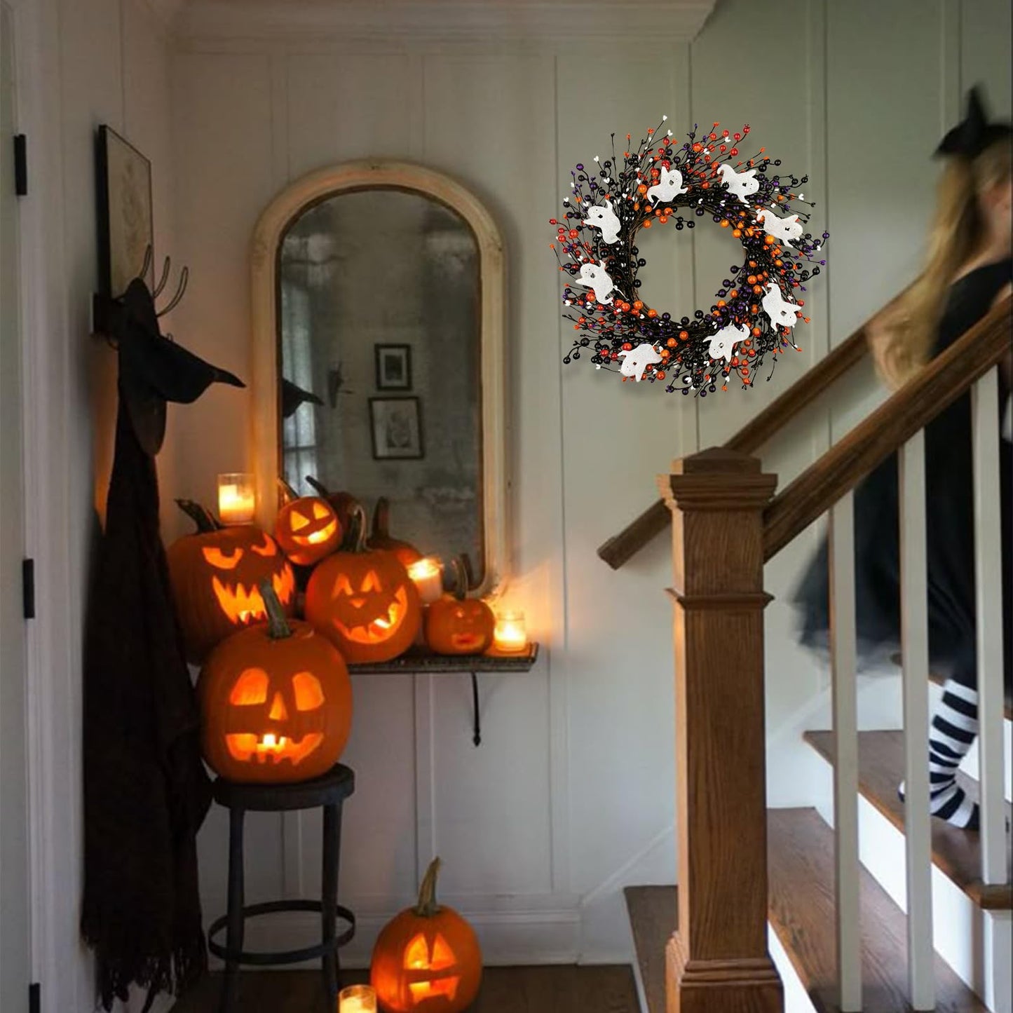 MG MagicGarden 20-Inch Halloween Wreath - Handmade Orange & Black Berry Wreath with Adorable Mini Ghosts, Spooky Front Door Decor for Halloween Party