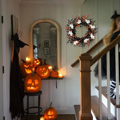 MG MagicGarden 20-Inch Halloween Wreath - Handmade Orange & Black Berry Wreath with Adorable Mini Ghosts, Spooky Front Door Decor for Halloween Party