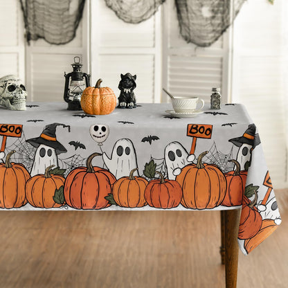 Horaldaily Halloween Tablecloth 60×84 Inch Rectangular, Bat Ghost Pumpkin Grey Washable Seasonal Table Cover for Party Picnic Dinner Decor