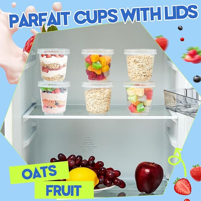Jingmore 50 Pack 9.5oz Clear Plastic Yogurt Parfait Cups Disposable Overnight Oats Containers with Lids and Spoons Cake Fruit Jars for Food Storage Salad Ice Creams Pudding Snacks (Round Style)