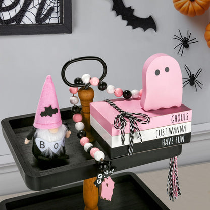 Pink Halloween Decorations 5PCS Table Centerpieces, Cute Girlie Tabletop Halloween Decor for Tiered Tray Shelf Mantel Fire Place Office Desk Rustic Farmhouse Wood Faux Book Stack and Ghosts Sign