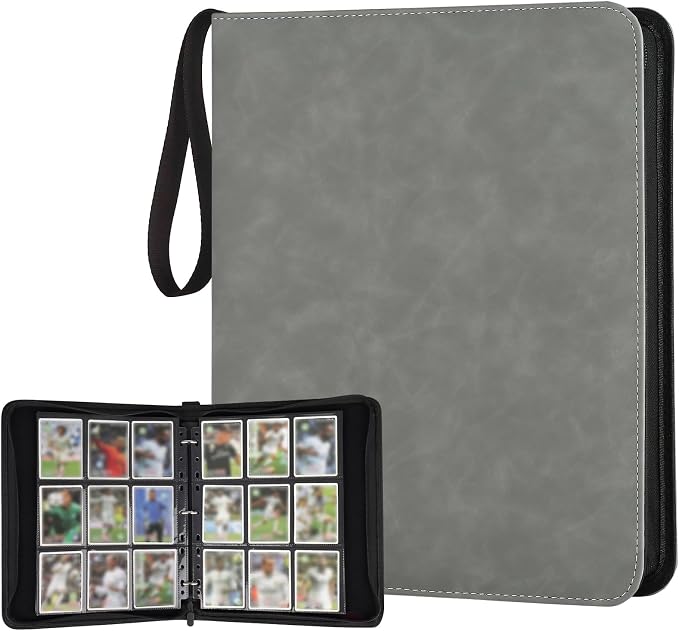 GERMUN 3 Ring 9 Pocket Zipper Card Binder, 720 Double Sided Standard PU Trading Card Album Folder for TCG & Sports Cards, Not Fit Top Loaders (Grey1)