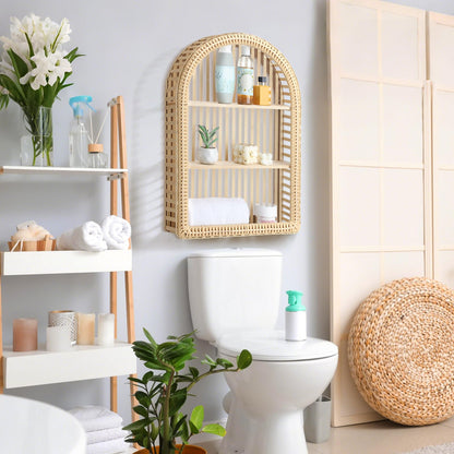 Vercraft Rattan Wall Shelf 3 Tier Boho Wall Mounted Shelf 23.62" x 15.75" Farmhouse Handcraft Bamboo Arched Floating Shelves for Living Room Home Bedroom Storage Decor