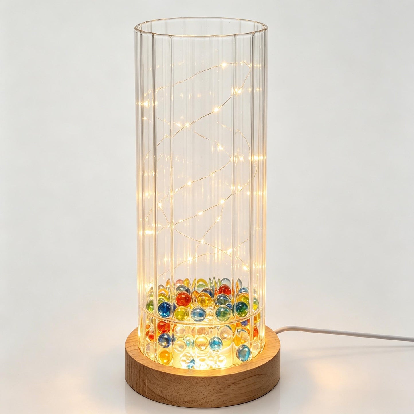 Wisifayardin Ribbed Glass Cylinder Vase with LED Light Base - 7.9 Inch Clear Fluted Bud Vase for Flowers Pampas Grass, Light Up Terrarium Fish Bowl Centerpiece, Home Decor Gift