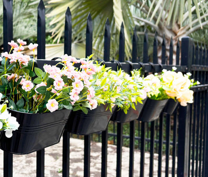 Joyfernal 2 Pack Metal Hanging Planter for Outdoor Plants, 10 Inch Black Fence Planters Railing Pots for Garden Patio Balcony Decor, Flower Bucket with Detachable Hooks (Black, 2Pcs)