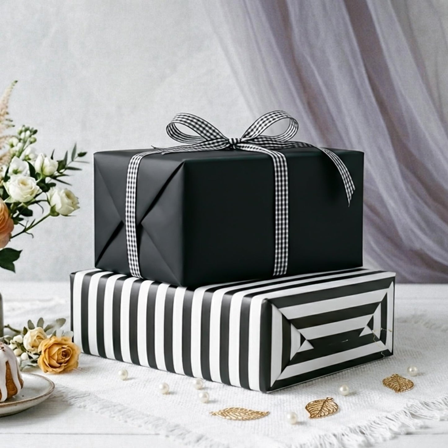 Homeral Black Wrapping Paper Roll - 17 In x 33 Ft Matte Metallic Solid Color & Black and White Stripe Reversible Gift Wrapping Paper for Birthday, Christmas, Father's Day, Graduation, DIY Bouquet