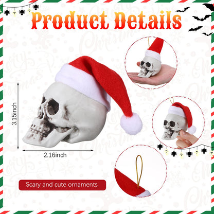Lenwen 24 Pcs Mini Hanging Skull Heads Santa Hat Halloween Skeleton Head Tree Ornament Decorations for Holiday Party Xmas Tree Decor(3.15 Inch)