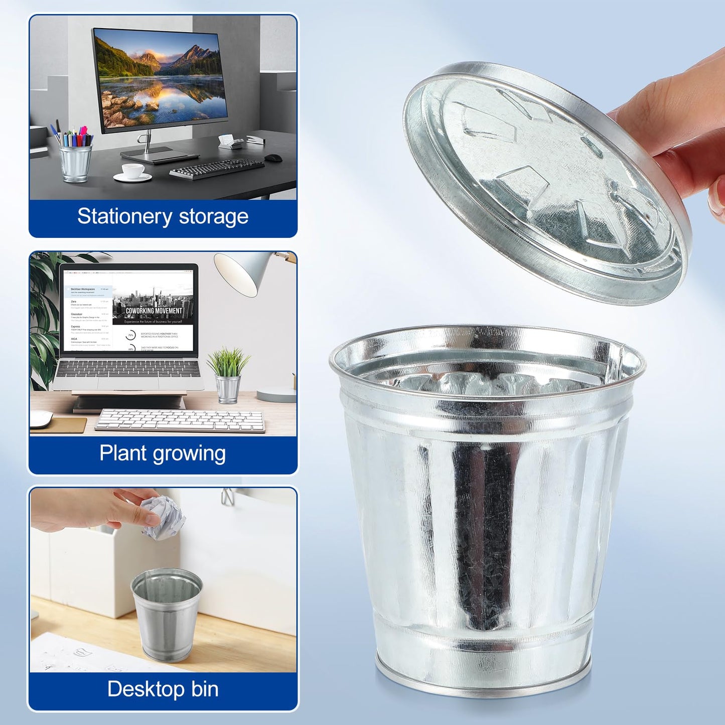 12Pcs Small Desk Trash Can with Lid | 9 x 9.5 x 6.5 cm | Galvanized Steel | Multifunctional Organizer | Pen Holder for Desk | Small Ashtray with Lid | Trash Bin Candy Party Favors | Mini Flower Pot