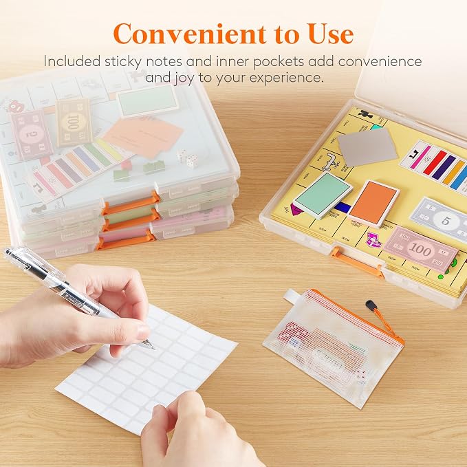 Lifewit 4 Pcs Board Game Storage Boxes, 12.2x10.6'' Paper Container with Secure Latch, Plastic Portable Organizer with Handle & Labels for File,Document, Puzzles, Cards, Art Supplies