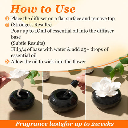 Honeydak 1 Pcs Reedless Ceramic Diffuser Set, Porcelain White Flower Aromatherapy Essential Oil Diffuser for Home Office Bathroom Tabletop Decor, Non-Electric, Valentines Day Gift (Camellia)